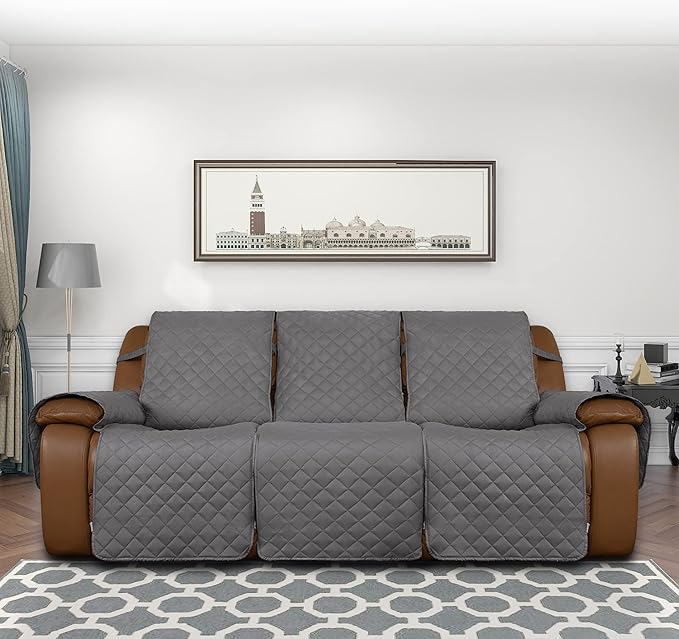 Easy-Going Recliner Sofa Cover, Reversible Couch Cover for 3 Seat Recliner, Split Sofa Cover for Each Seat, Furniture Protector with Elastic Straps for Dogs, Pets(3 Seater, Gray/Light Gray)