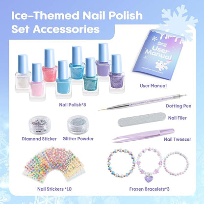Tomons Kids Nail Polish Set for Girls, Non Toxic Nail Polish Art Kit for Kids Ages 7-12, Frozen Toys Gifts for 8 9 10 11 12 Year Old Girl, Bracelets, Glitter, Sequins, Stickers - 8 Colors