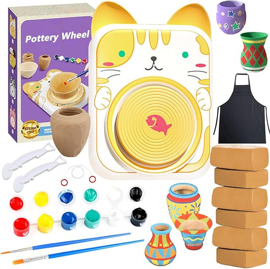 Mini Kids Pottery Wheel-DIY Kits Clay Maker for Beginners with 6 Packs Modeling Clays, Clay Sculpting Tools & Painting Kit for Pottery, Tiny Pottery Wheel for Kids Age 8-12, 10-13