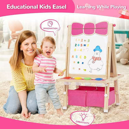 Kids Wooden Easel All-in-one Kid Easel Double Sided Standing Whiteboard Blackboard Children Art Easel with Storage, Height Adjustable Easel for Boys Girls Painting and Writing