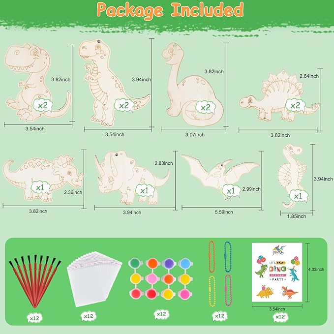 Dinosaur Party Favors for Kids – 12 Pack Dino Painting Kits Wooden Keychains Arts and Crafts for Kids, Birthday Party Rerturn Gifts Goodie Bag Filler Pinata Stuffers Activities Toy Classroom Prizes