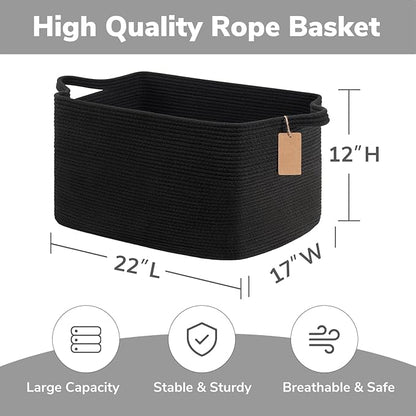 Goodpick Woven Storage Baskets for Organizing 22”x17”x12” Large Blanket Basket for Living Room Bedroom, Rectangle Nursery Baby Toy Storage Basket for Kids Boys, Black