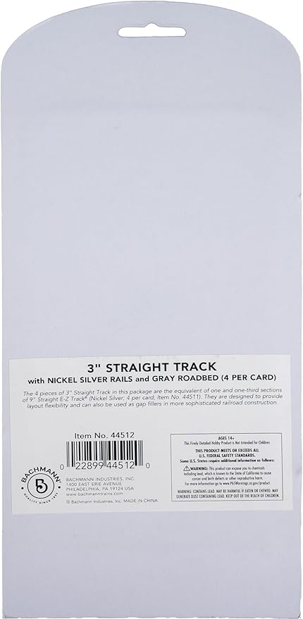 Bachmann Trains - Snap-Fit E-Z TRACK 3” STRAIGHT TRACK (4/card) - NICKEL SILVER Rail With Gray Roadbed - HO Scale
