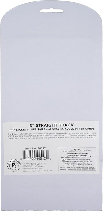 Bachmann Trains - Snap-Fit E-Z TRACK 3” STRAIGHT TRACK (4/card) - NICKEL SILVER Rail With Gray Roadbed - HO Scale
