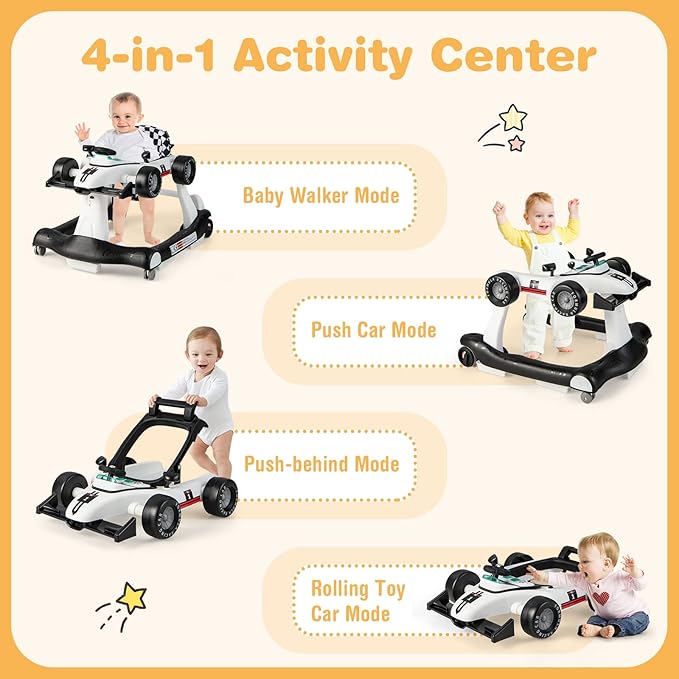 GLACER Foldable Baby Walker, 4-in-1 Infant Walker with Adjustable Height & Speed, Music, Light, Steering Wheel & Washable Cushion, Baby Walker Activity Center for Boys Girls 6 –18 Months (White)