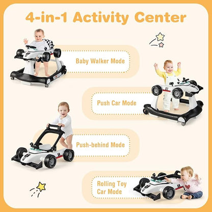 GLACER Foldable Baby Walker, 4-in-1 Infant Walker with Adjustable Height & Speed, Music, Light, Steering Wheel & Washable Cushion, Baby Walker Activity Center for Boys Girls 6 –18 Months (White)