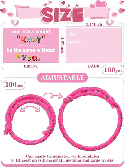 100 Pieces Valentine Knot Bracelets with Card Neon Rope Woven Friendship Bracelets for Kids Adjustable Rope Bracelets Bulk for Girls Boys Classroom Valentine Exchange Gifts Party Favors, 10 Colors