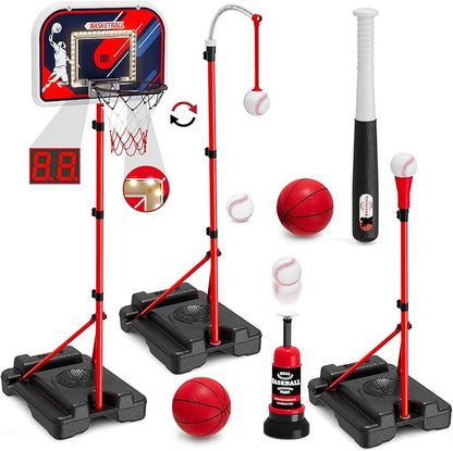 HYES 4 in 1 Kids Basketball Hoop and Tball Set 3-5, Basketball Goal with Scoreboard&LED, Hanging Tee Ball Stand with Baseball Pitching Machine, Indoor Outdoor Sport Toys for Boys 4-8
