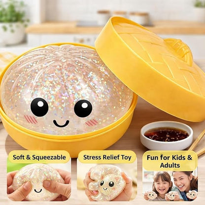 Dumpling Squishies Toy, Giant Glitter Dumpling, Colorful Dumplings Stress Balls Fidget Sensory Toy,Soft Squeeze Decompression Dough with Food Steamer, Stretchy Desk Toys (Pink)