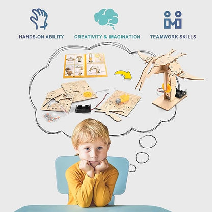 Dinosaur STEM Kits for Kids Ages 6-8-10-12, 4 in 1 Wood Building Toys for Boys Age 8-12, Build It Yourself Woodworking Kit, DIY 3D Wooden Puzzles Model Science Crafts for Kids, Stem Projects
