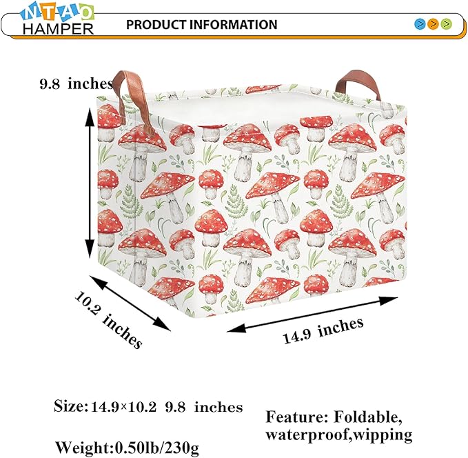 NTAOHAMPER Rectangular Storage Basket Empty,Storage Bin with Handles,Room Decor,Gift Basket,Book Box(Watercolor Mushroom)