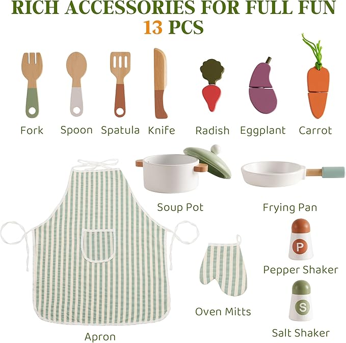 ROBUD Wooden Play Kitchen Set for Kids, Pretend Play Kitchen Toy Set with Golden Faucet, Sink, Oven, Stove, Cabinet, Vintage Style, Gift for Boys & Girls Ages 3+ (Green)