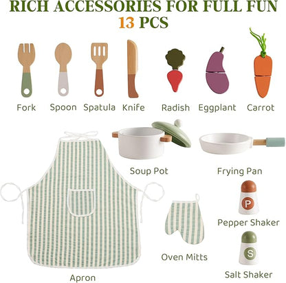 ROBUD Wooden Play Kitchen Set for Kids, Pretend Play Kitchen Toy Set with Golden Faucet, Sink, Oven, Stove, Cabinet, Vintage Style, Gift for Boys & Girls Ages 3+ (Green)