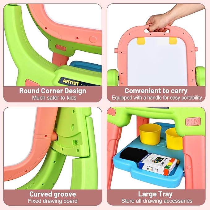 Kids Art Easel and Toddler Ease,Equipped with A Little Bench, Blackboard and Whiteboard, Toddler Art Supplies, Drawing Easel for Toddlers 3-5,Gifts for Children (Pink+Green)