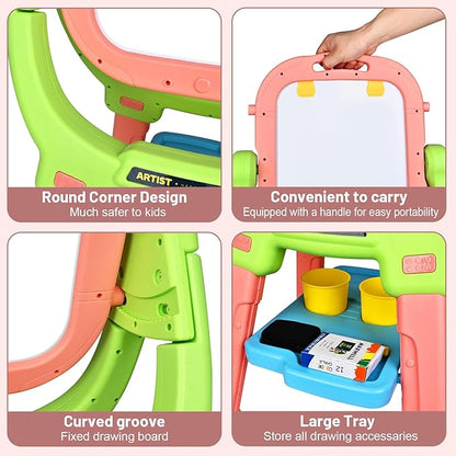 Kids Art Easel and Toddler Ease,Equipped with A Little Bench, Blackboard and Whiteboard, Toddler Art Supplies, Drawing Easel for Toddlers 3-5,Gifts for Children (Pink+Green)
