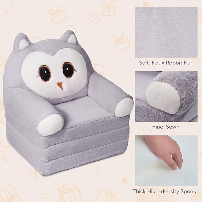 Kids Sofa Chair for Toddler, 2-in-1 Folding Soft Baby Couch with Removable Cover, Comfy Plush Children's Recliner, Convertible Floor Sofa Bed to Lounger for Girls Boys Age 1-3,Owls Grey