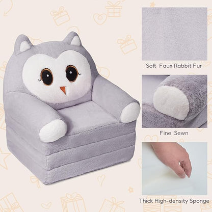 Kids Sofa Chair for Toddler, 2-in-1 Folding Soft Baby Couch with Removable Cover, Comfy Plush Children's Recliner, Convertible Floor Sofa Bed to Lounger for Girls Boys Age 1-3,Owls Grey