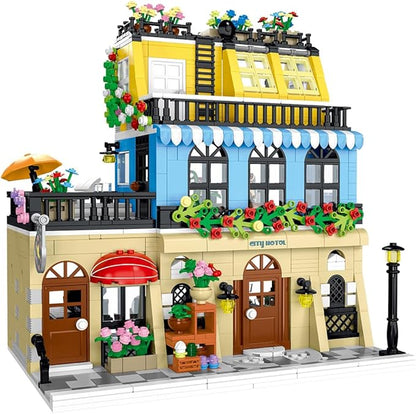 City Hotel Architecture Building Set with LED Lights, 1464 Pcs 3 Layer City Street Hotel Model City Hotel Building Block Kit Construction Model for Kids for Teens Adults