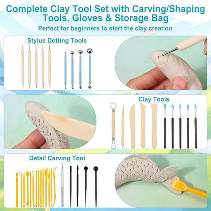 Lezmarket 200ml Air Dry Clay Glaze and 48 Pcs Clay Tools Kit, Provide Gloss Finish, Gloss Varnish Protects Clay from Surface Wear, Pottery Tools Can be Used for Sculpting, Molding Clay Crafts