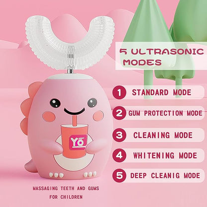 Kids U Shaped Electric Toothbrush with 4 Brush Heads, Sonic Toothbrush Kids with 5 Modes, Cartoon Dinosaur 360-Degree Cleaning IPX7 Waterproof Design (2-6 Age (Pink))