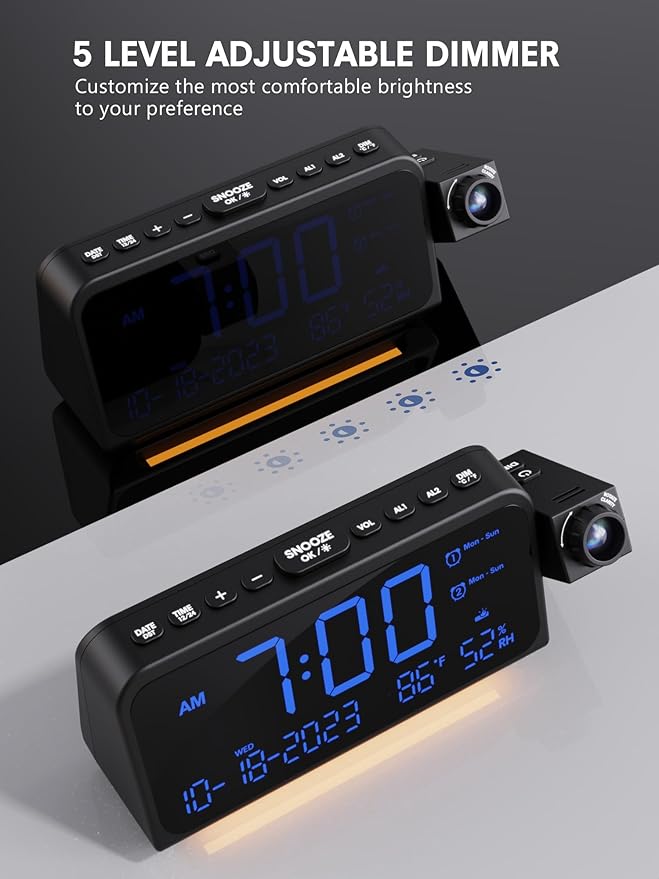 Projection Alarm Clock for Bedroom Ceiling, Digital Clock Projector with Weekday/Weekend Mode, Date, Temperature, Humidity, Type-C USB Charger, Snooze, Dual Alarms, Dimmer,12/24H