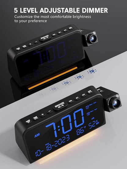 Projection Alarm Clock for Bedroom Ceiling, Digital Clock Projector with Weekday/Weekend Mode, Date, Temperature, Humidity, Type-C USB Charger, Snooze, Dual Alarms, Dimmer,12/24H