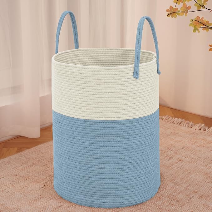JMvicyroam Large Woven Laundry Basket Hamper,100L Cotton Rope Storage Bin for Blankets,Toys and Clothes,Decorative Tall Nursery Hamper for Living Room,Baby Nursery,Bathroom and Bedroom,White and Blue