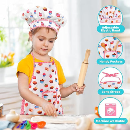 Toyze Birthday Gifts for 3-8 Year Old Girls Cute Stuff Apron for Girls Kids Cooking Sets Toddler Toys Kids Chef Hat and Apron Easter Christmas Stocking Stuffers White-with Cookbook