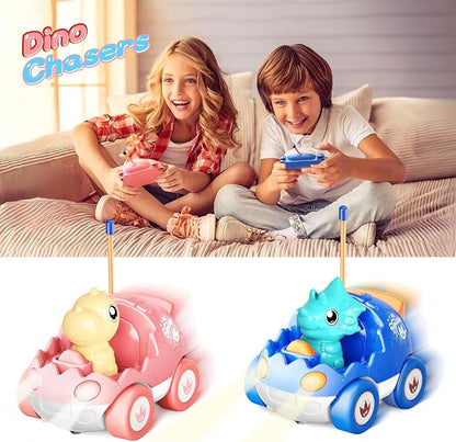 2 Pack Pink Dinosaur Remote Control Car Toys, Easter Present Birthday Gifts for Boys Girls 2 3 4 Years Old, Dino RC Car with Music and Light, Toddlers Toys for Kids 2-4 Year Old,(Pink Blue)