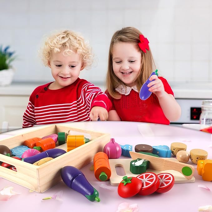 newlng Wooden Play Food Sets for Kids Cutting Vegetables Pretend Play Kitchen Accessory for Toddler Montessori Toys Early Educational Toys with Wooden Box & Knife & Cutting Board