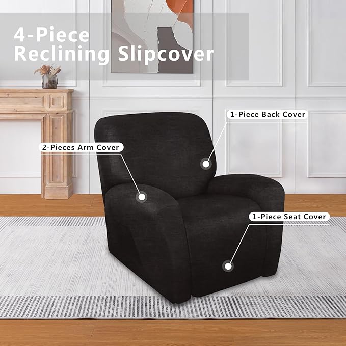 Like Leather Recliner Chair Covers, 4 Pieces Lazy Boy Recliner Cover That Stay in Place, Soft Stretch Leather Grain Covers for Recliner Covers for Large Recliner Slipcover(Dark Grey)