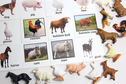 Montessori Animal Match - Miniature Farm Animal Toy Figurines with Matching Cards - 2 Part Cards. Montessori Learning Toy, Language Materials Busy Bag Activity