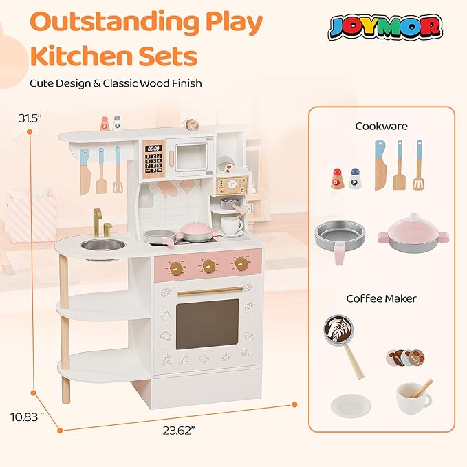 JOYMOR Kids Play Kitchen Sets, Toddler Kitchen w/Kitchen Sink & Ample Play Kitchen Accessories, Ideal for Creative Pretend Play for Children 3-10 (Cream&Gold)