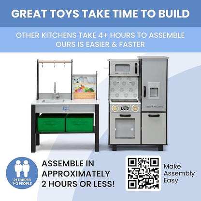 Delta Children Gourmet All-in-One Corner Play Kitchen - Toy Kitchen Playset with Safe & Heatless Stove with Lights, Oven, Sink, Fridge/Freezer with Ice Maker and 20 Accessories, Grey