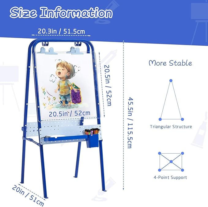 FUNLIO Foldable Outdoor Easel for Kids Aged 3+, Double-Sided Kids Easel with 2 Acrylic Boards & 21 pcs Accessories, Waterproof & Sunproof Art Easel for Kids, Portable & Stable - Blue