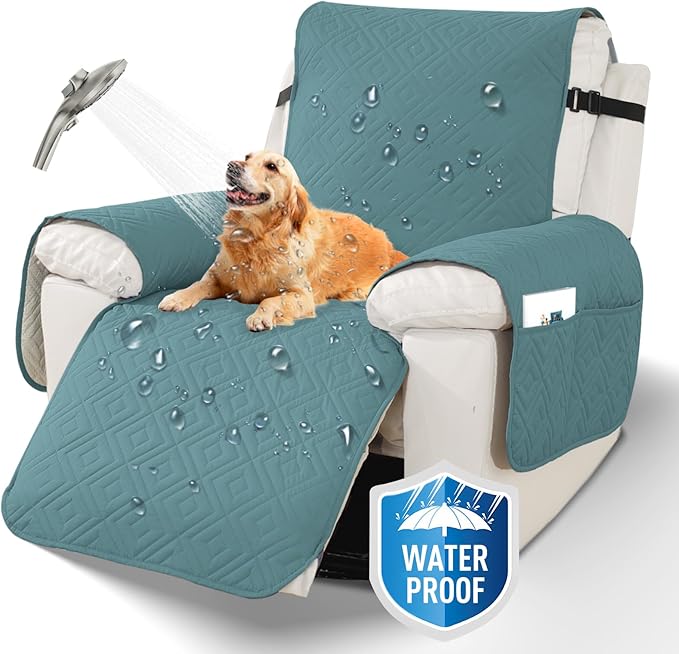 XINEAGE 100% Waterproof Recliner Cover, Non Slip Recliner Chair Cover with Elastic Band, Washable Recliner Slipcover with Storage Pockets for Kids, Pets (Light Blue, 23")