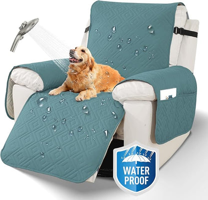 XINEAGE 100% Waterproof Recliner Cover, Non Slip Recliner Chair Cover with Elastic Band, Washable Recliner Slipcover with Storage Pockets for Kids, Pets (Light Blue, 23")