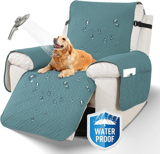 XINEAGE 100% Waterproof Recliner Cover, Non Slip Recliner Chair Cover with Elastic Band, Washable Recliner Slipcover with Storage Pockets for Kids, Pets (Light Blue, 23")