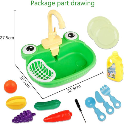 Ruibytree Play Kitchen Sink Toy, Water Toys for Kids with Electronic Dishwasher, Pretend Play Utensils Accessories and Play Cutting Food for Boys and Girls (Cute Frog)