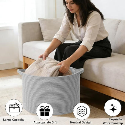 65L Large Blanket Basket,Cotton Rope Woven Storage Basket with Handles, Laundry Hamper for Toys, Clothes, Pillows & Towels, Perfect for Living Room, Nursery & Bedroom,Light Gry