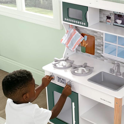 Delta Children Tiny Chef Play Kitchen - Toy Kitchen Playset with Realistic Knobs That Turn/Click, Oven, Sink, Microwave and 15 Pieces of Play Food, Green