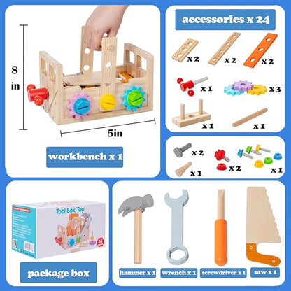 HOMEE Wooden Kids Tool Set, 25 Pcs Toddler Tool Kits, Tool Toys Box, Tool Set for Kids, Montessori STEM Educational Tools Toys, Pretend Play Construction Toys for 3 4 5 Years Kids Boys and Girls