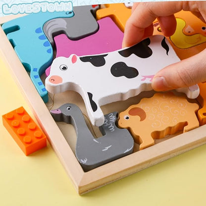 LovesTown 12PCS Wooden Stacking Puzzles, Farm Animal Chunky Jigsaw Puzzles Educational Toy for Gift