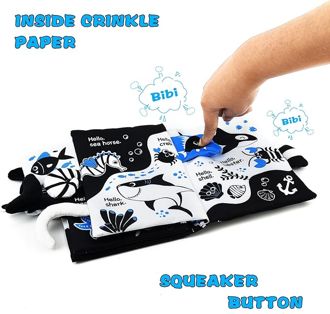 OKOOKO Soft Baby Book Black and White High Contrast Marine Animals Tails Book Bath Book Montessori Sensory Stroller Toy Non-Toxic Crinkle Washable Early Education for Baby Infant Toddler