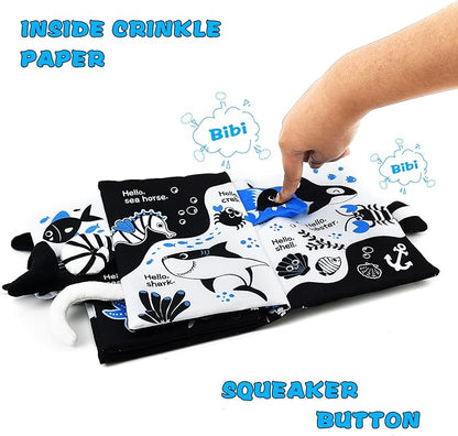 OKOOKO Soft Baby Book Black and White High Contrast Marine Animals Tails Book Bath Book Montessori Sensory Stroller Toy Non-Toxic Crinkle Washable Early Education for Baby Infant Toddler