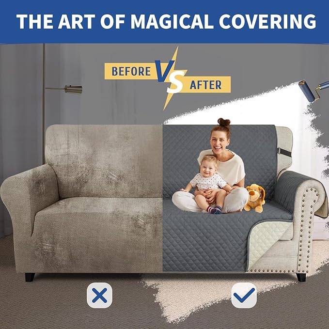 XINEAGE Loveseat Sofa Cover Waterproof Couch Covers for 2 Cushion Couch, Soft Washable Slipcover with Pockets & Non-Slip Elastic Straps, Thick Furniture Protector (Loveseat, Dark Grey)