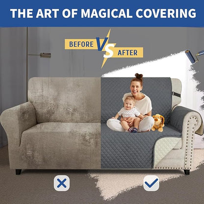 XINEAGE Loveseat Sofa Cover Waterproof Couch Covers for 2 Cushion Couch, Soft Washable Slipcover with Pockets & Non-Slip Elastic Straps, Thick Furniture Protector (Loveseat, Dark Grey)