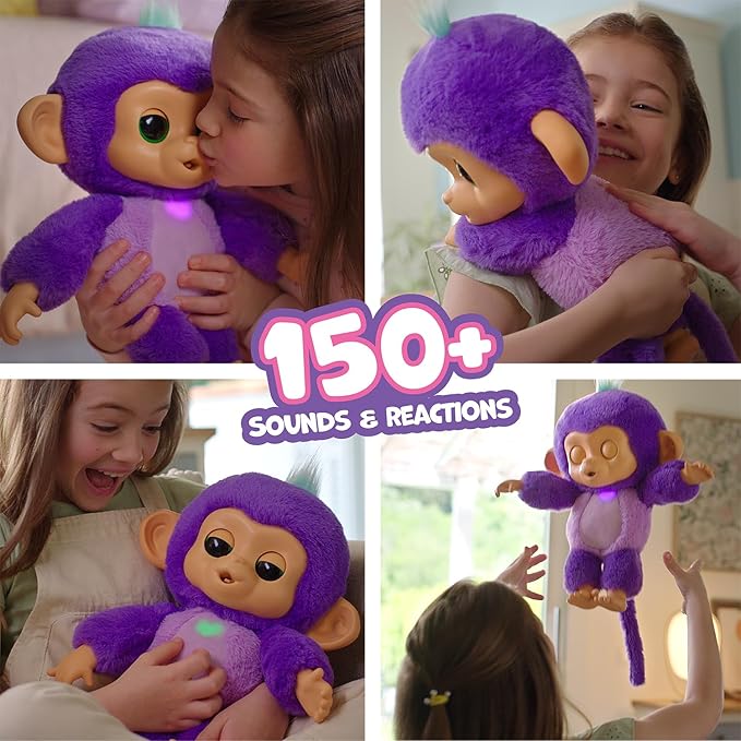 Fingerlings Care ‘n’ Cuddles Interactive Baby Monkey, Sunny (Purple), Toys for 3 Year Olds, 150+ Sounds and Reactions, Heart Lights Up