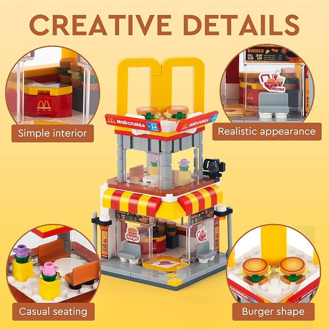 City Street View Burger Shop Building Set, MOC Creative Model Set Creative Model DIY Toys, Unique Home Decor, Ideas Birthday Holidays Toy Gift Kids Age 8+ (244PCS)
