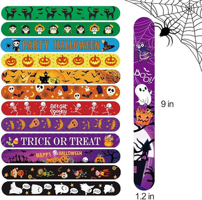 Halloween Slap Bracelet,100Pcs Slap Bracelet Wristbands with Spider Pumpkin Ghost Zombie Bat Witches Design Snap Bracelet for Kids Party Favors Toys Prizes Goodie Bags Fillers